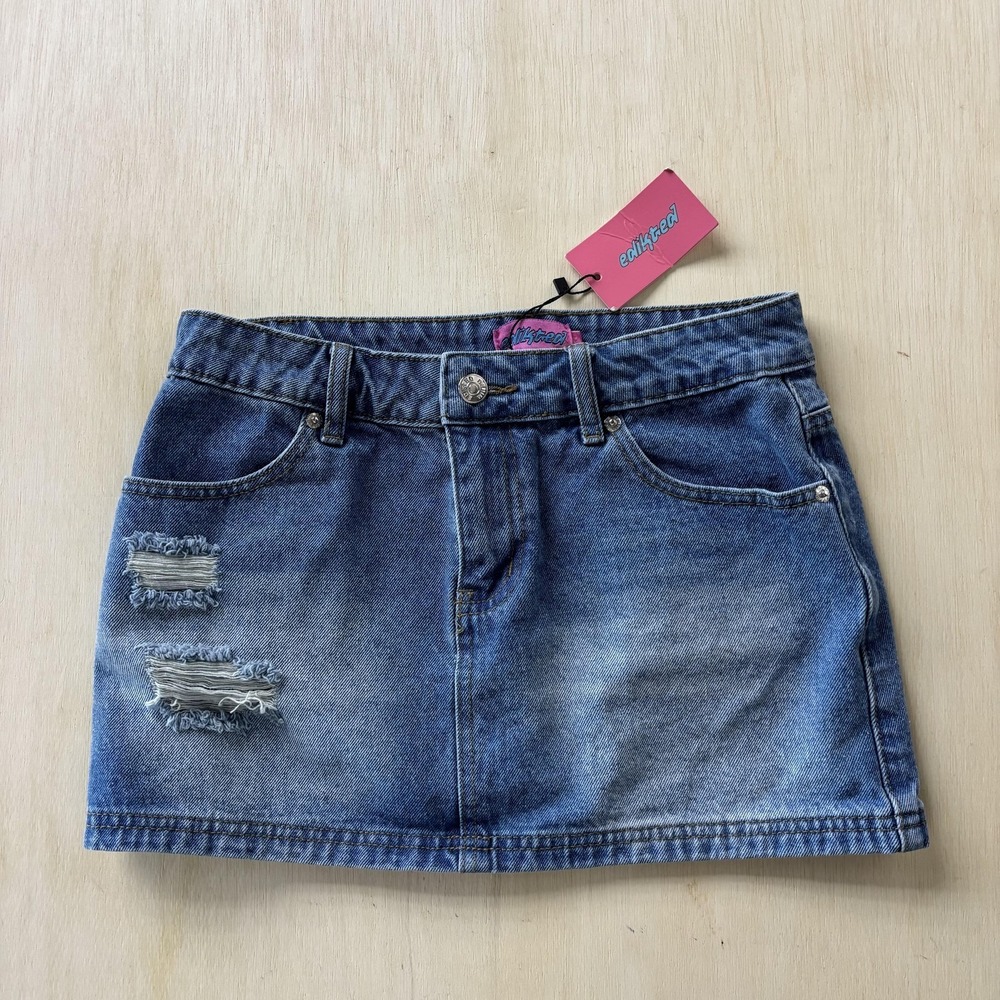 Edikted‎ Skirt Womens XS Blue Denim Distressed Mini Ripped Pockets Casual